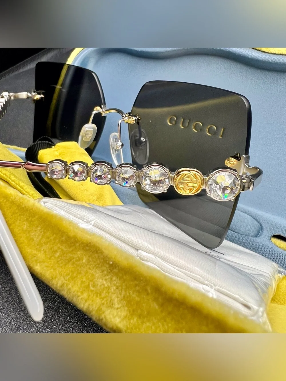 Gucci Square Sunglasses with Star Stud and Rhinestone Details with Case